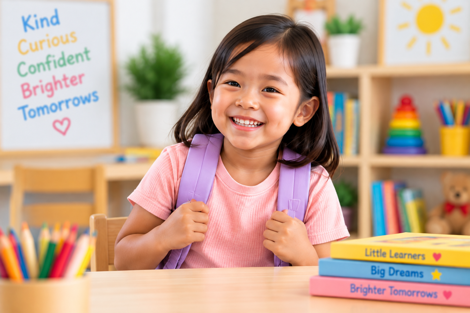 Child wearing a backpack, ready for school