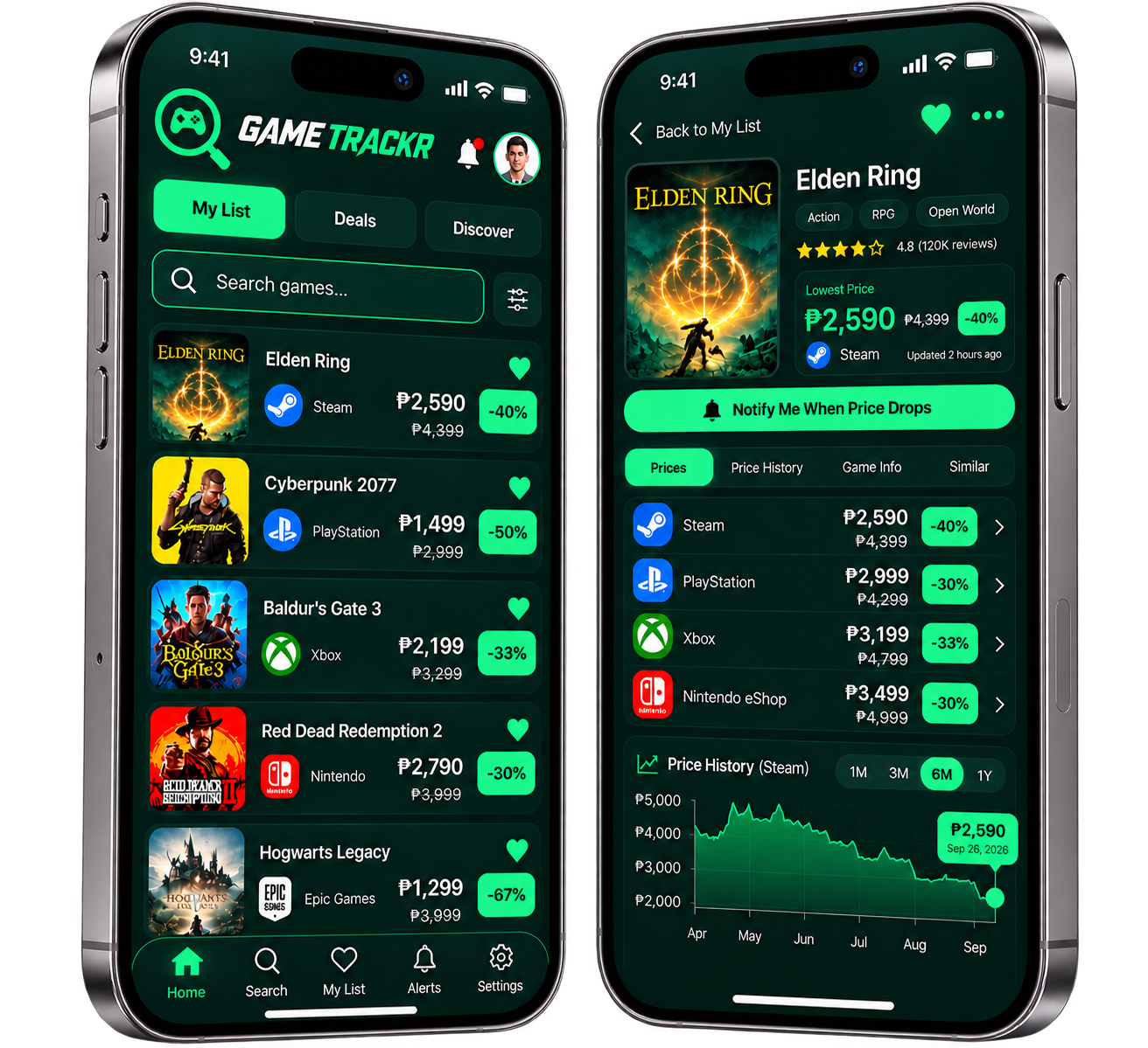 Game Trackr app showing your game list and Elden Ring price history