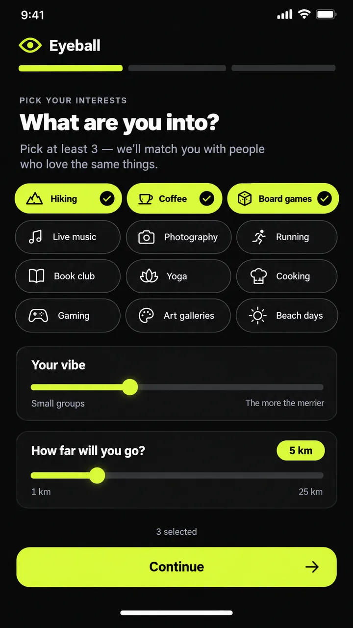 Eyeball app screen: pick your interests
