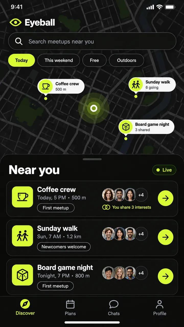 Eyeball app screen: map of meetups near you