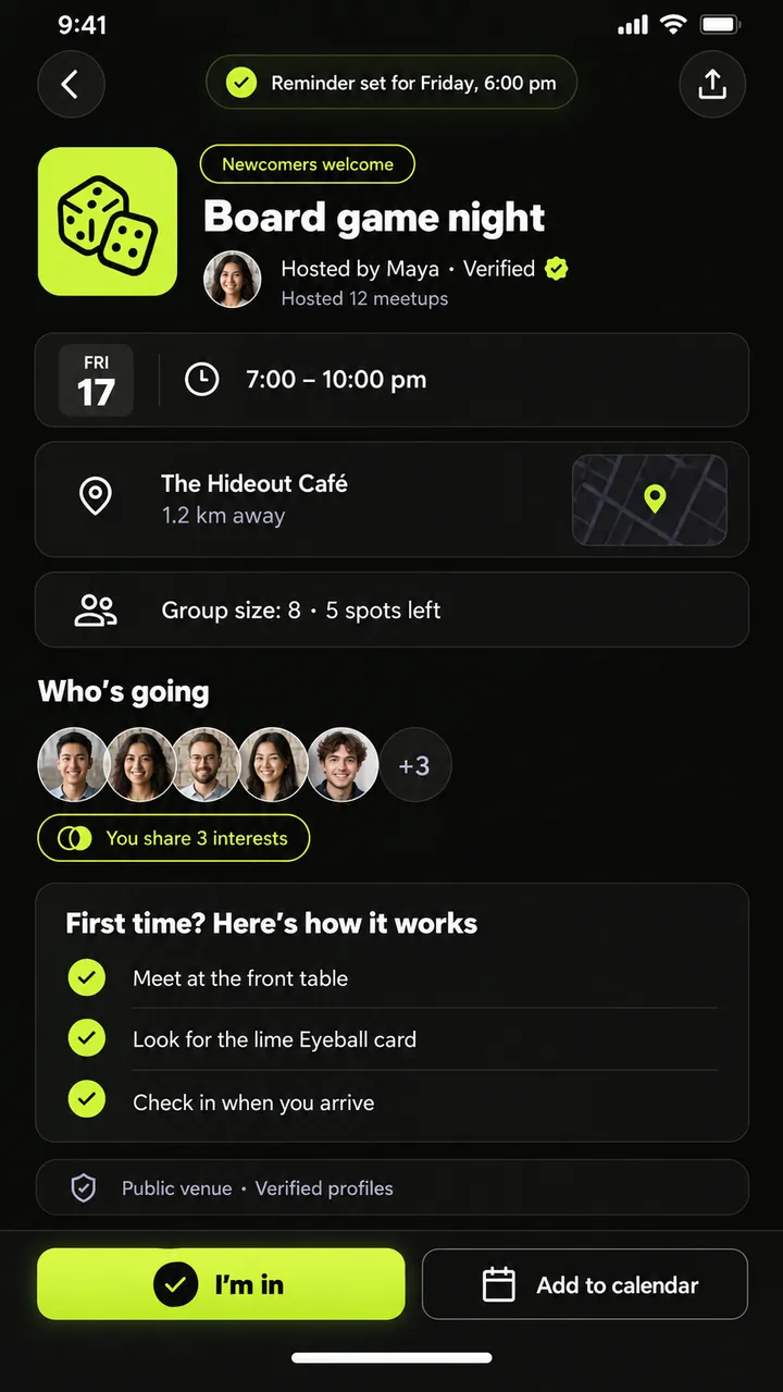 Eyeball app screen: board game night meetup details