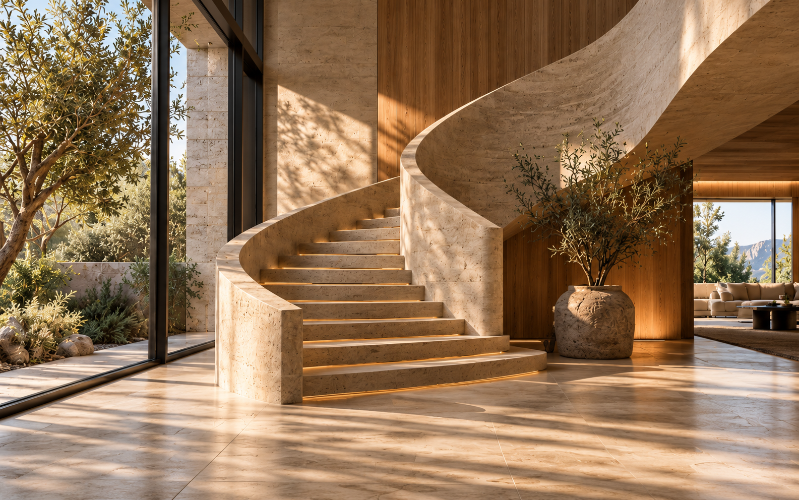 Sculptural travertine staircase in a sunlit double-height hall