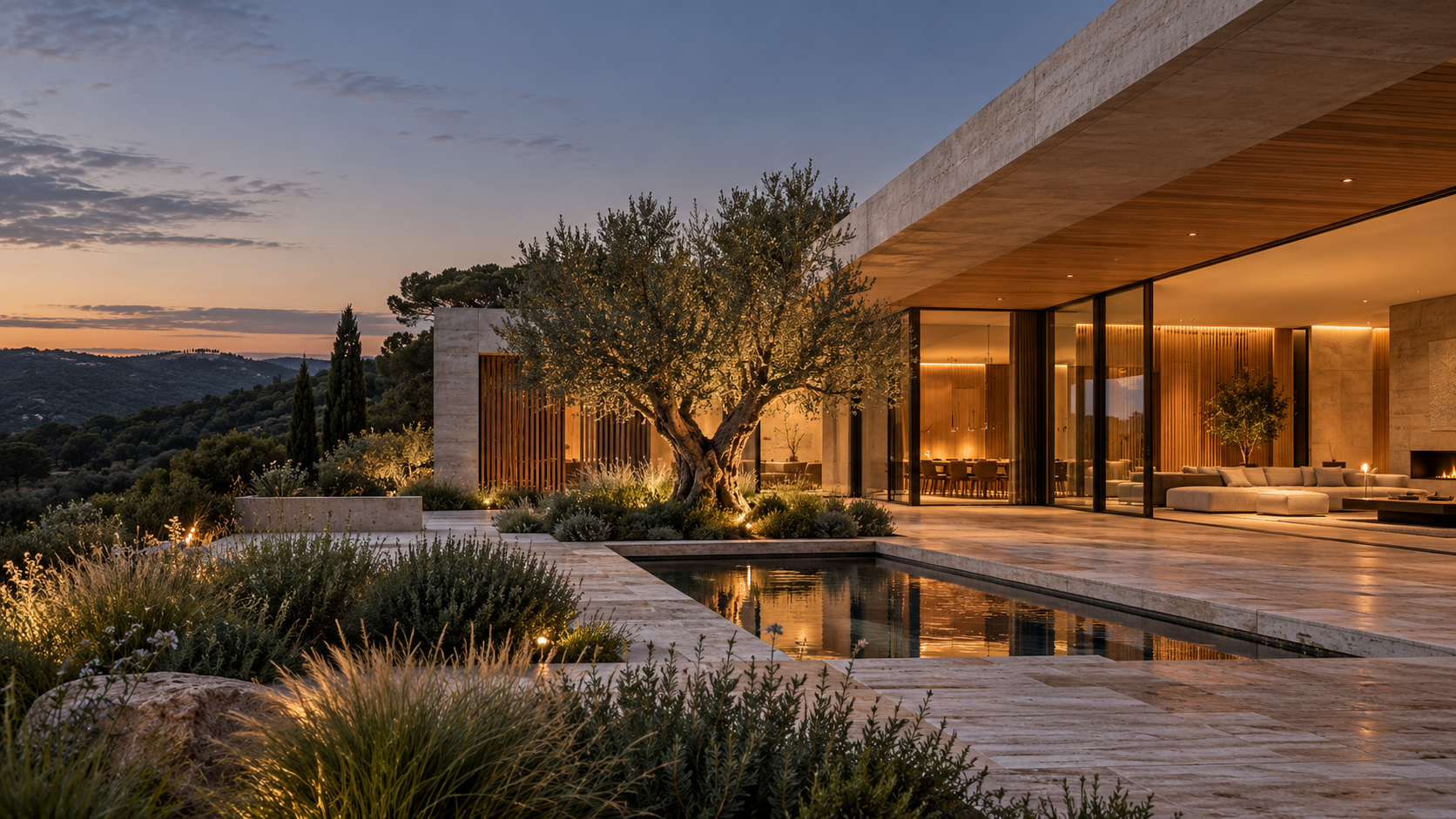 Travertine courtyard house with an olive tree and reflecting pool