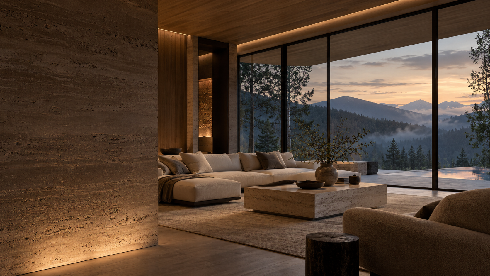 Warm living room with travertine walls and floor-to-ceiling glazing