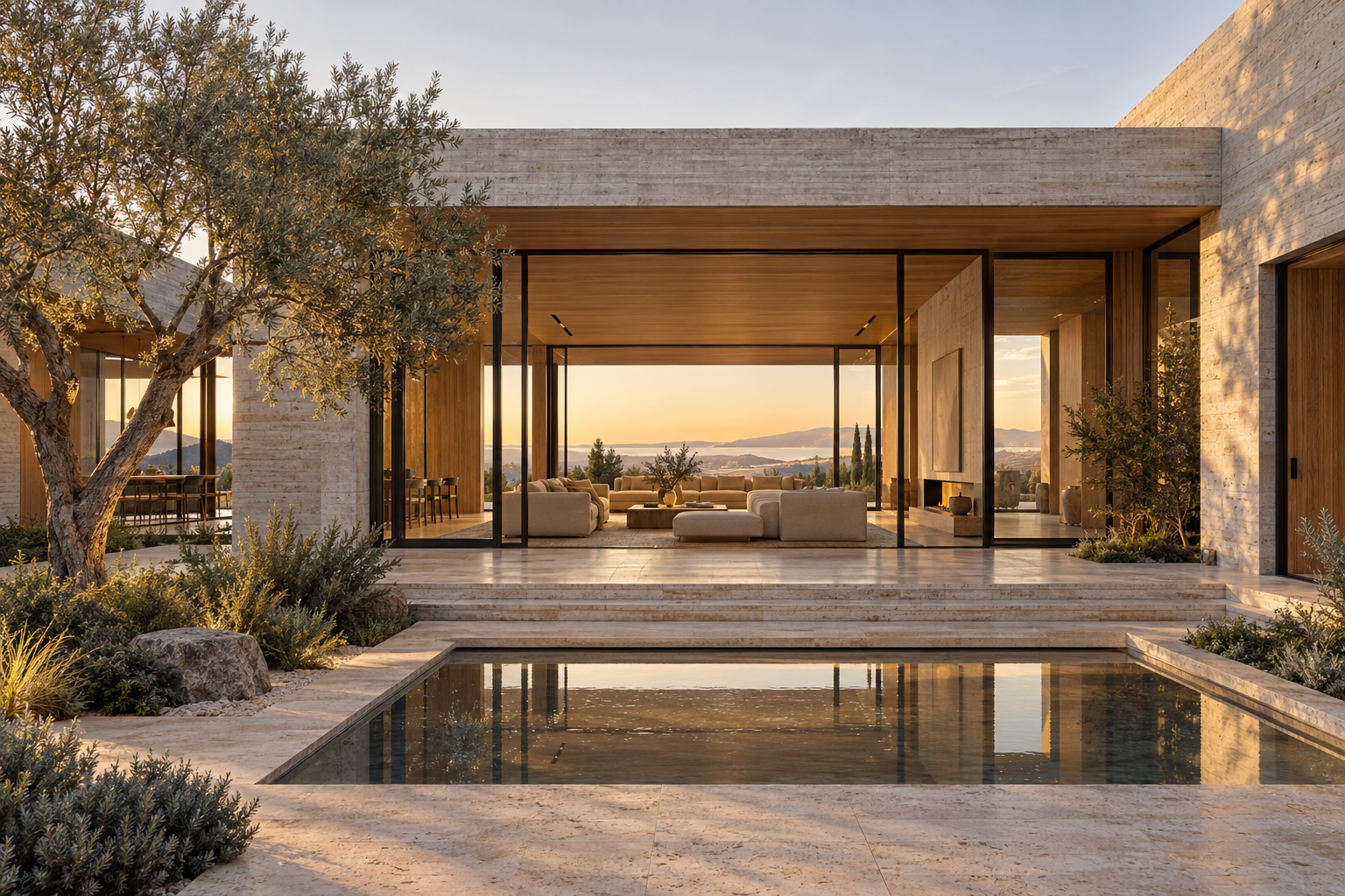 Travertine house opening onto a reflecting pool and olive trees above the sea