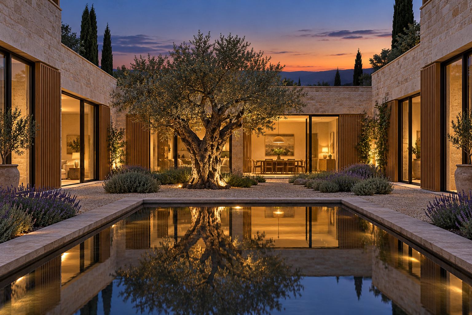 Lit olive tree in a lavender courtyard reflected in a long pool at dusk