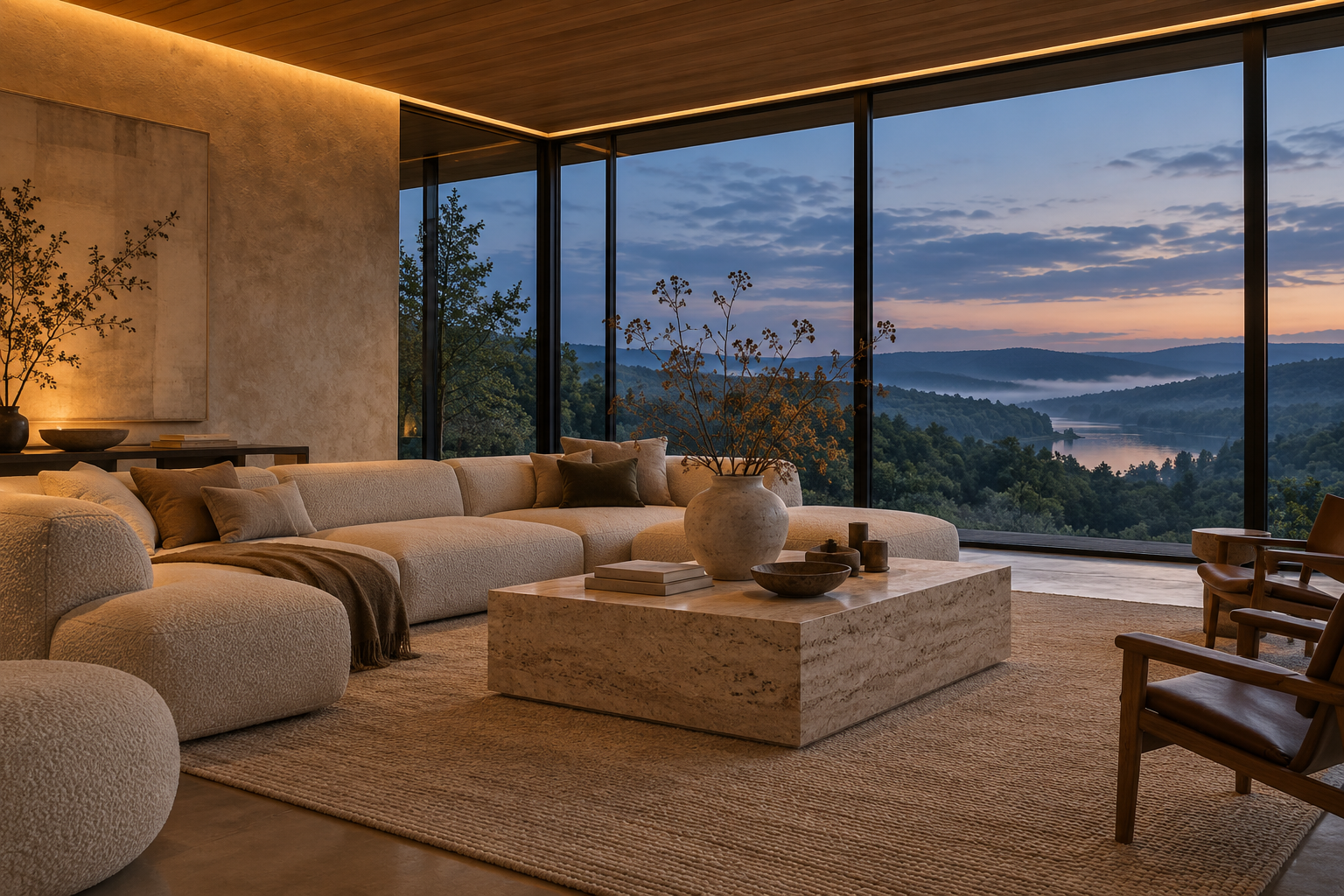 Bouclé sofa and travertine table facing a misty river valley at twilight