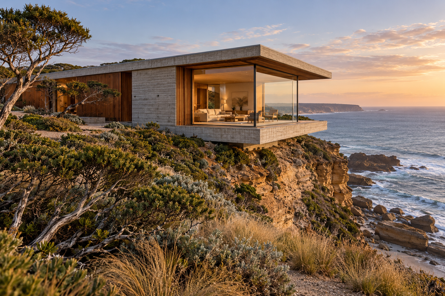 Concrete and timber house cantilevered over a sandstone sea cliff at sunset