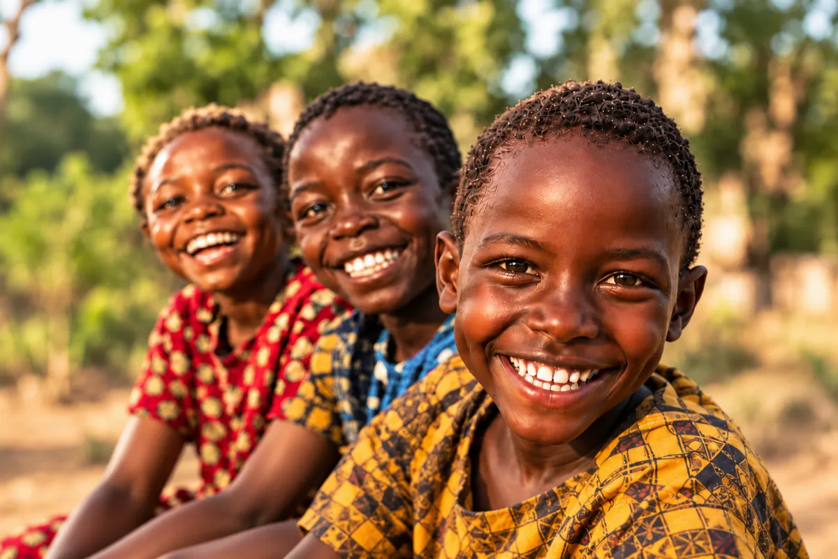 Three smiling children sitting together outdoors