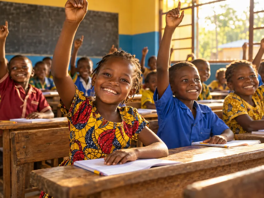 Children raising their hands in a bright village classroom