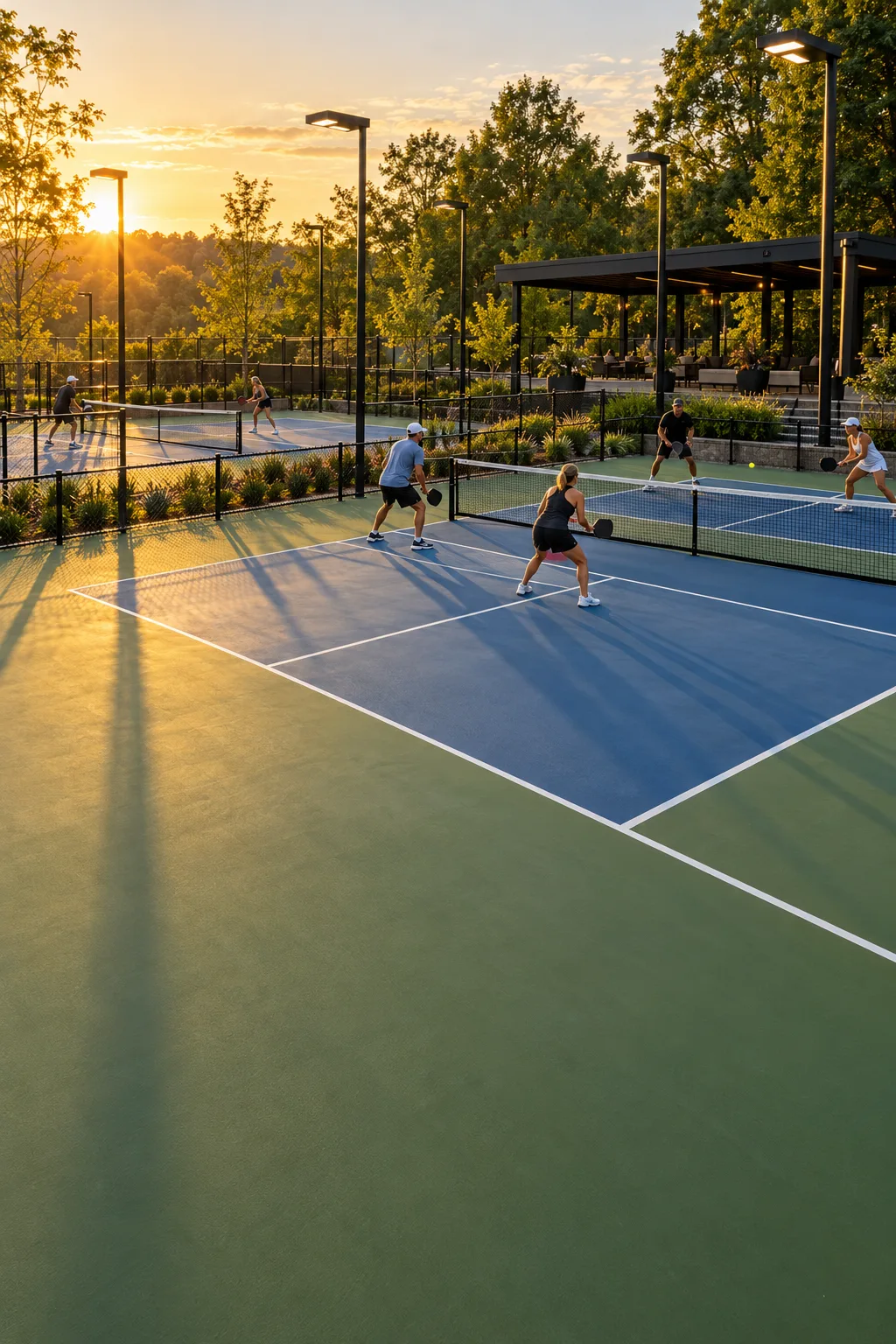 Players on outdoor pickleball courts at sunset with LED light poles and a covered pavilion