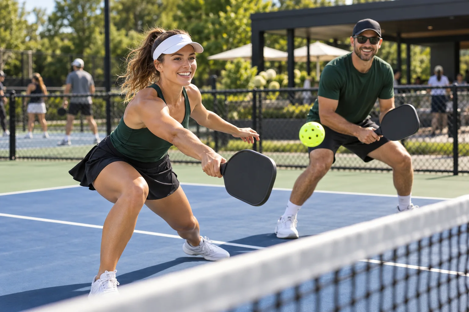 Two smiling players rallying at the net on a sunny outdoor pickleball court