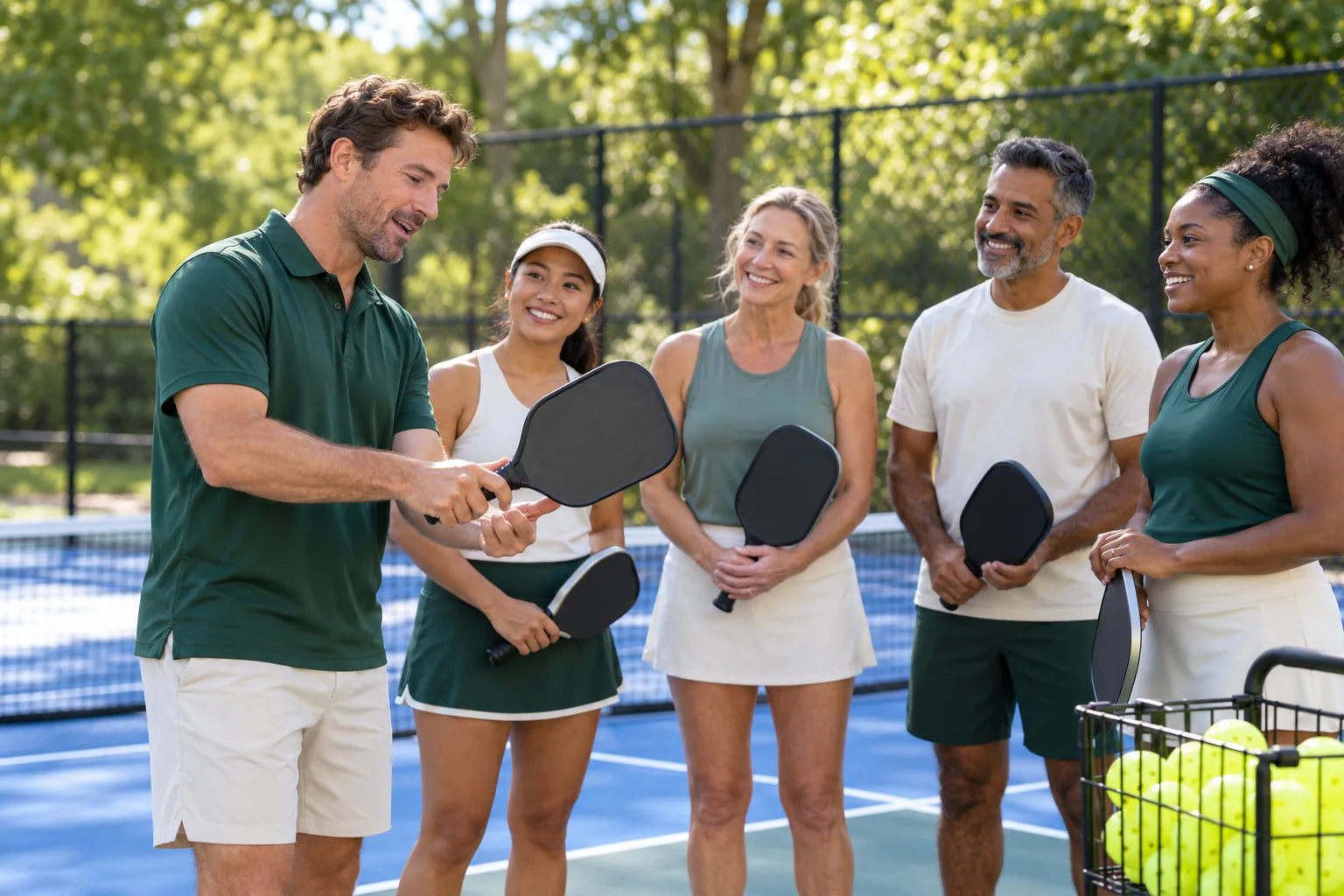 Coach showing a group of beginners how to hold a pickleball paddle