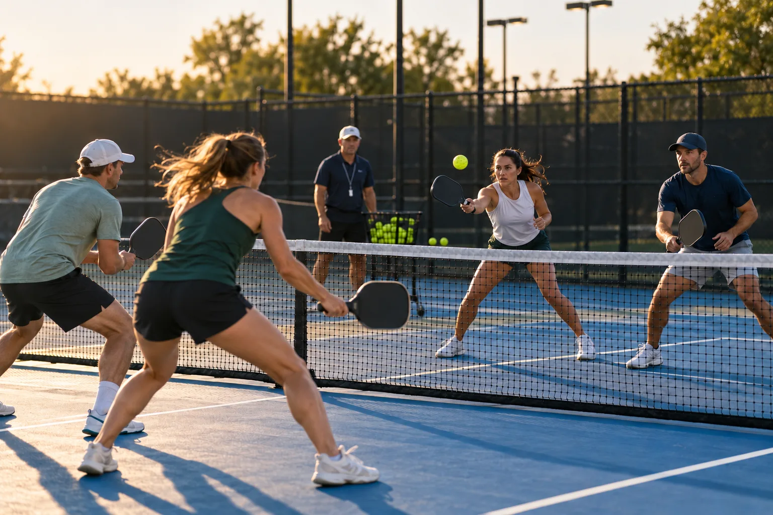 Players running fast-paced drills at the net during a coached session