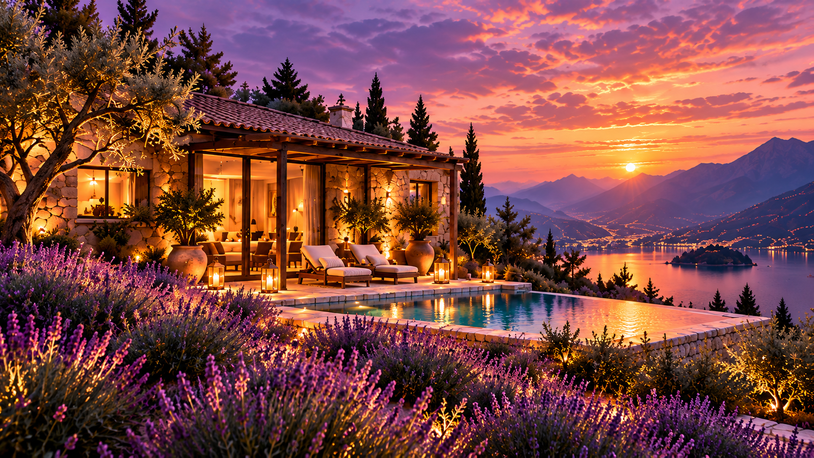 Lavender House at sunset