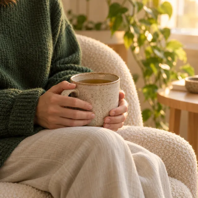 Hands holding a warm mug of tea in a cosy armchair