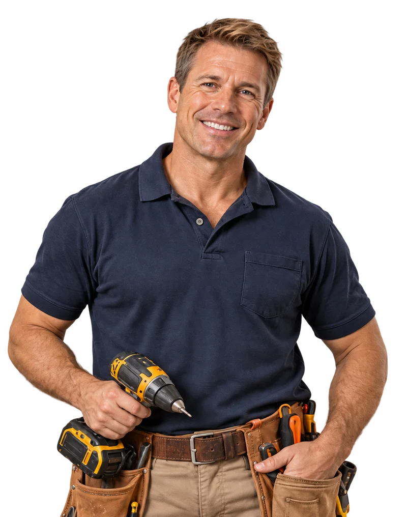Smiling tradie holding a cordless drill