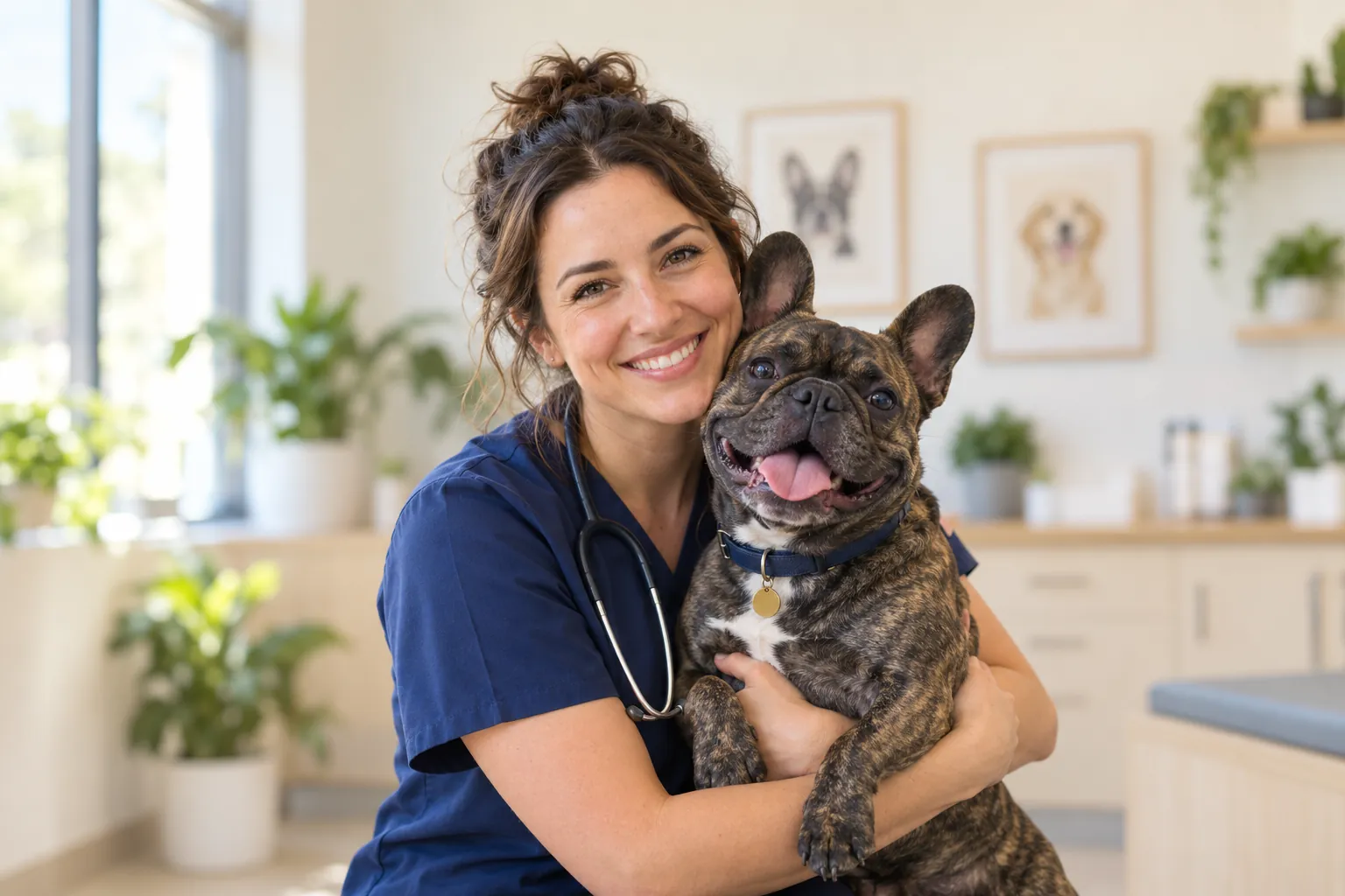 A smiling vet in navy scrubs hugging a happy brindle French bulldog in the clinic