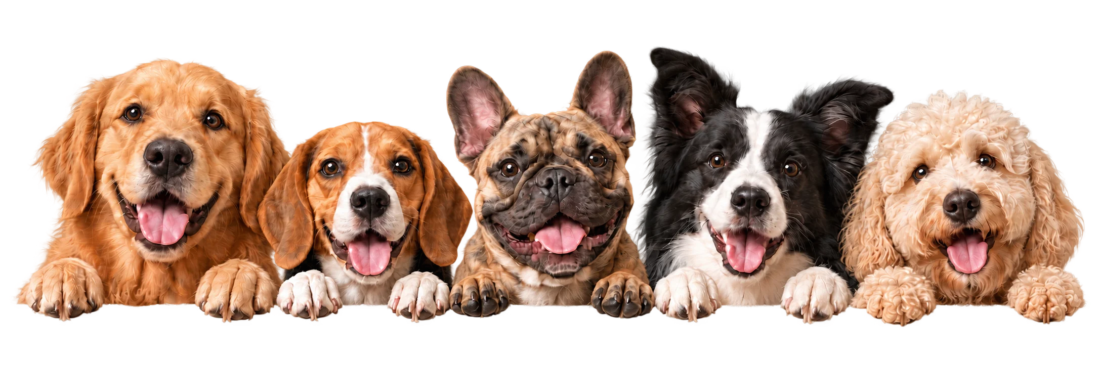 Five happy dogs peeking over a ledge: a golden retriever, beagle, French bulldog, border collie and cavoodle