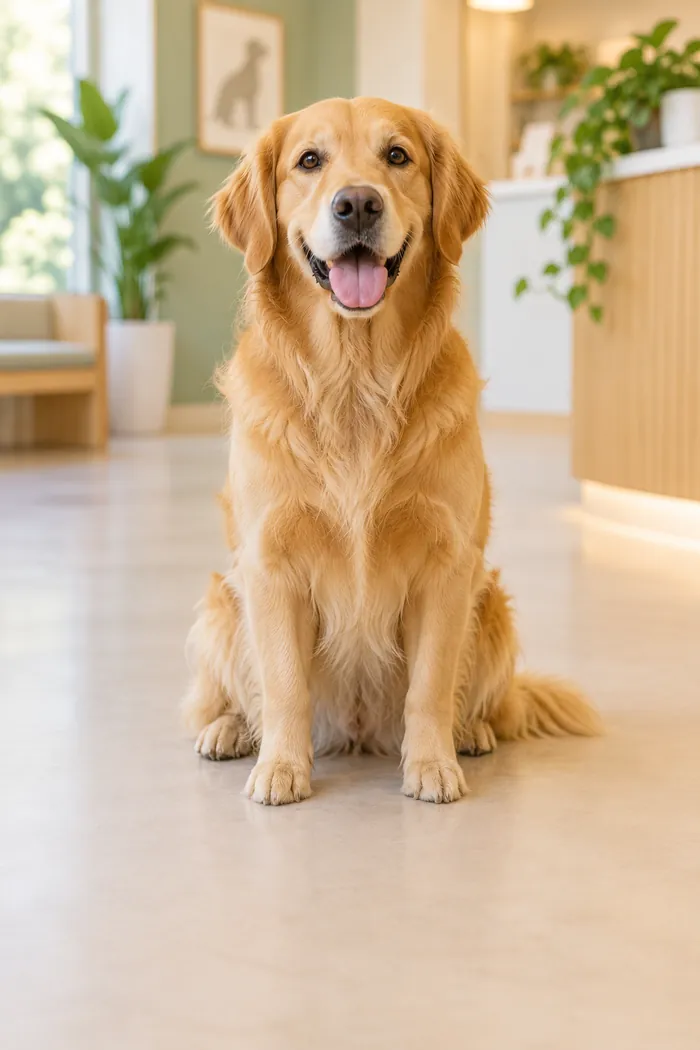 Milo the golden retriever sitting happily in the clinic waiting room