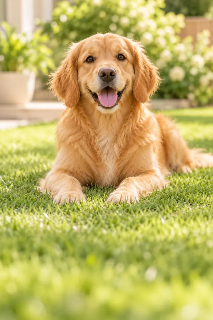 Bella the golden retriever lying on a sunny lawn