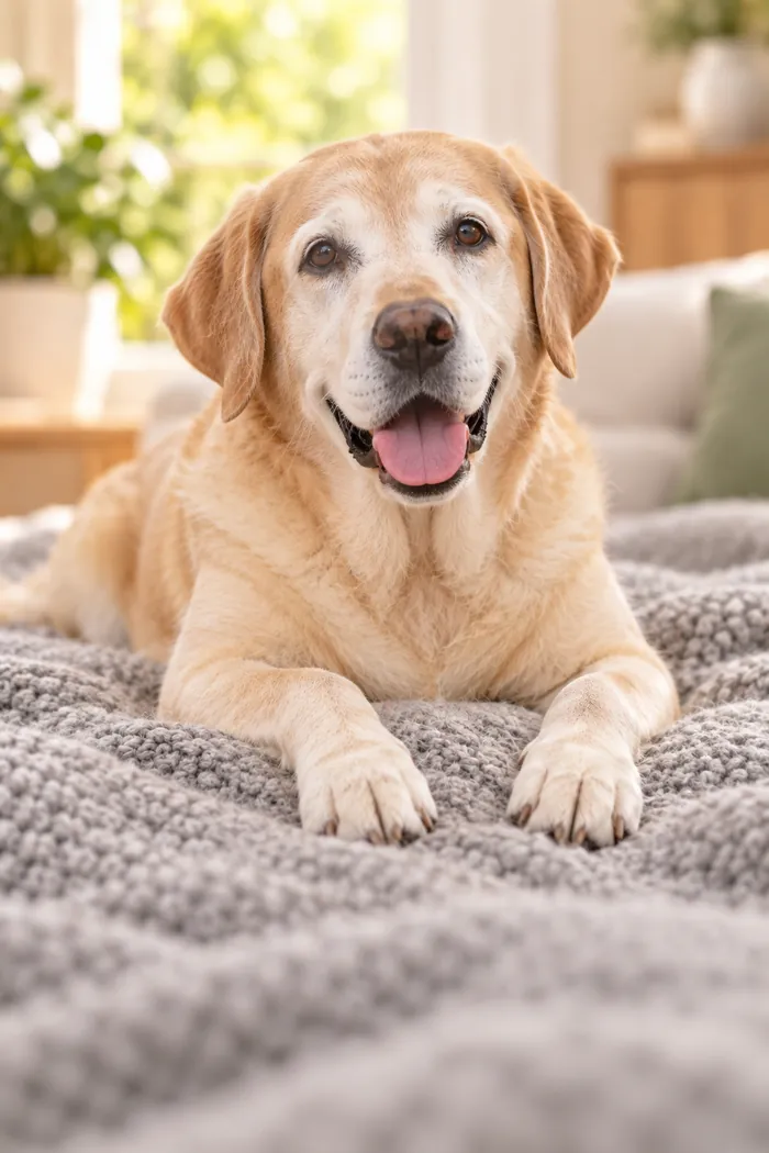 Oscar the senior labrador resting on a soft blanket