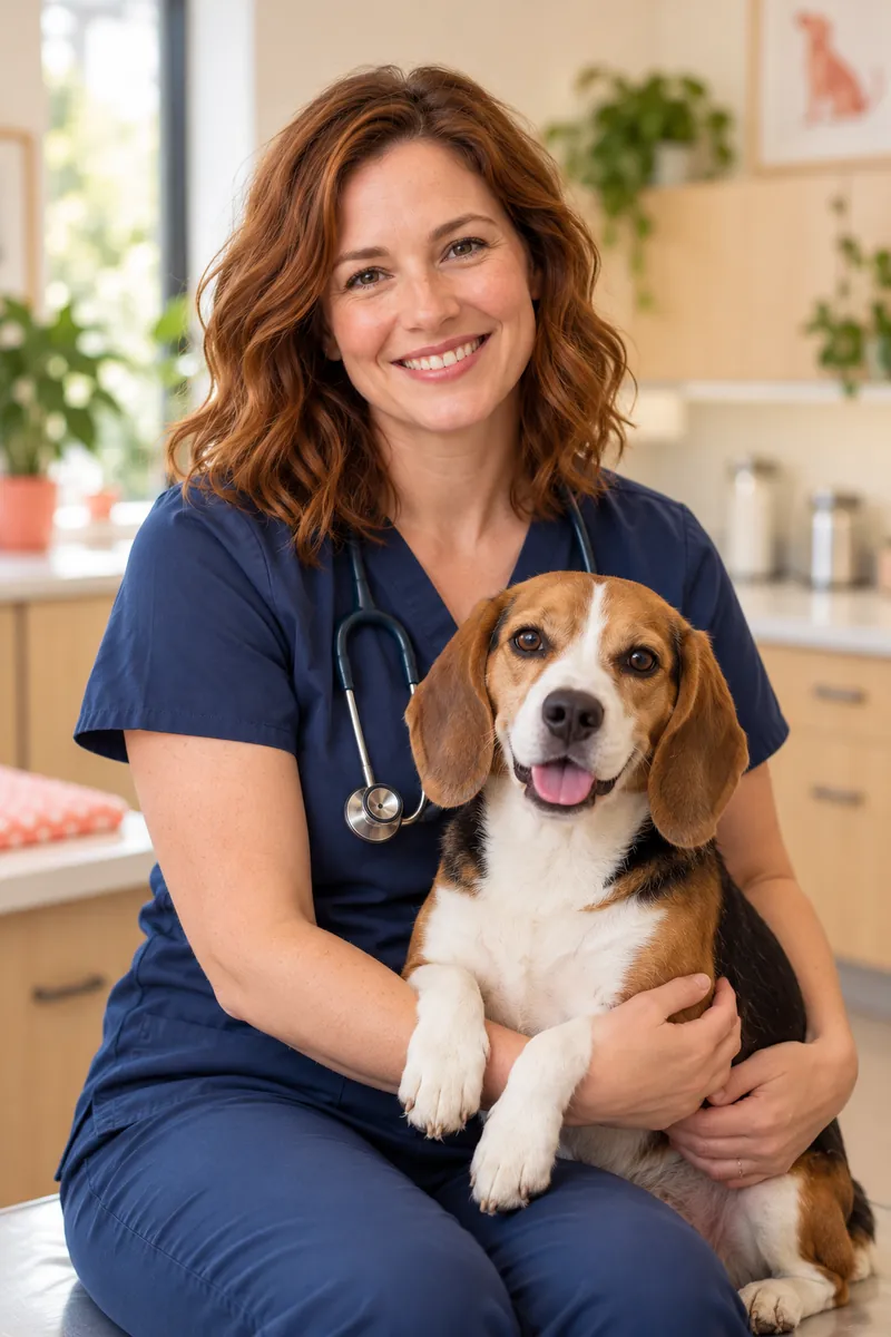 Dr. Emma Hart, lead veterinarian, smiling with her beagle Biscuit on her lap
