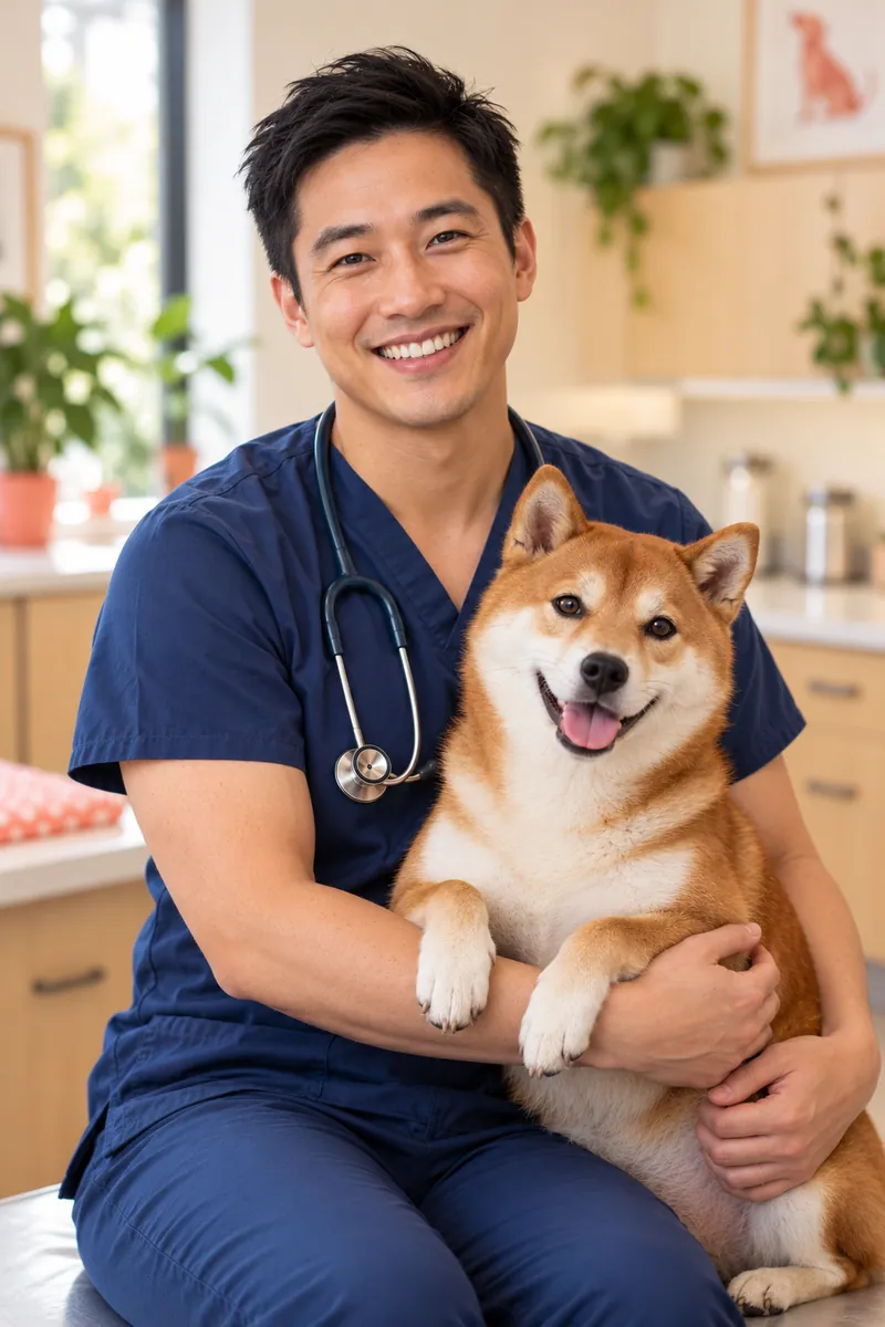 Dr. Liam Chen, veterinary surgeon, smiling while hugging his shiba inu Mochi