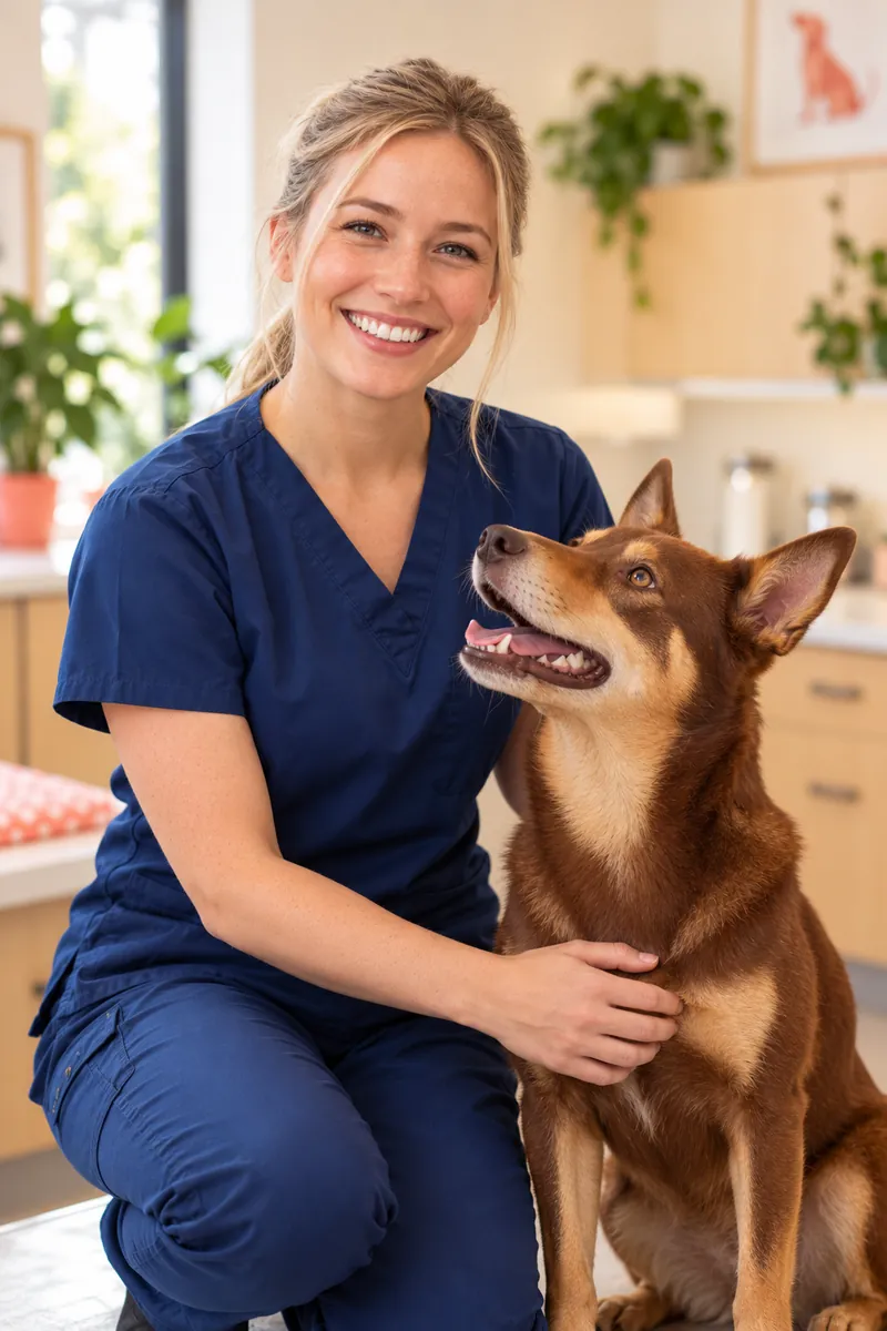 Sophie Reid, head vet nurse, kneeling beside her kelpie Pepper