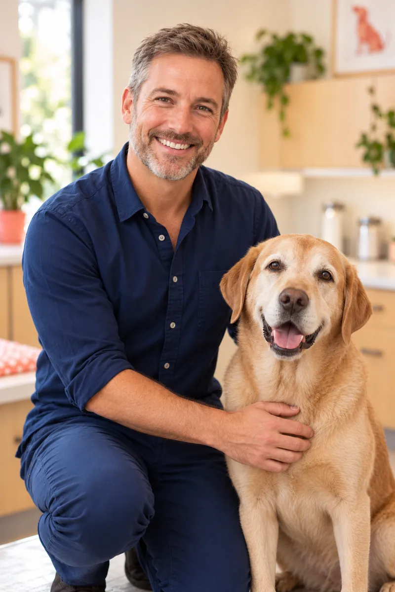 Jack Morgan, practice manager, kneeling beside his labrador Duke
