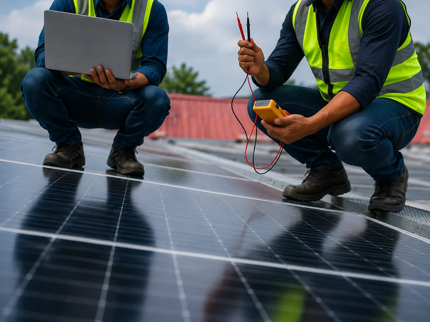 Technicians maintaining a solar installation